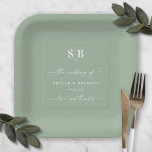 Eenvoudig, vast kleurloos leder-groen boormonogram papieren bordje<br><div class="desc">Eenvoudig, vast, leverbaar, groen-weddenschap, met speciale papieren borden. Dit moderne huwelijk of om het even welk ontwerp van het bord van het gebeurtenisPapier is eenvoudig en minimaal met een duidelijke stevige achtergrondkleur en trendy het manuscriptdoopvonten van de handtekeningskalligrafie. Getoond in het nieuwe palet van de Kleur van de Wedding. Bevat...</div>