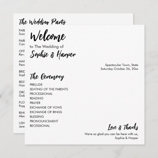 Eenvoudig veelzijdig Casual zwart-wit Programmakaart (Voorkant / Achterkant)