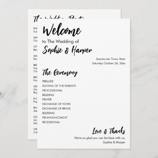 Eenvoudig veelzijdig Casual zwart-wit Programmakaart (Voorkant / Achterkant)