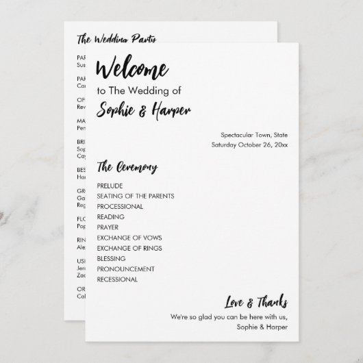 Eenvoudig veelzijdig Casual zwart-wit Programmakaart (Voorkant / Achterkant)