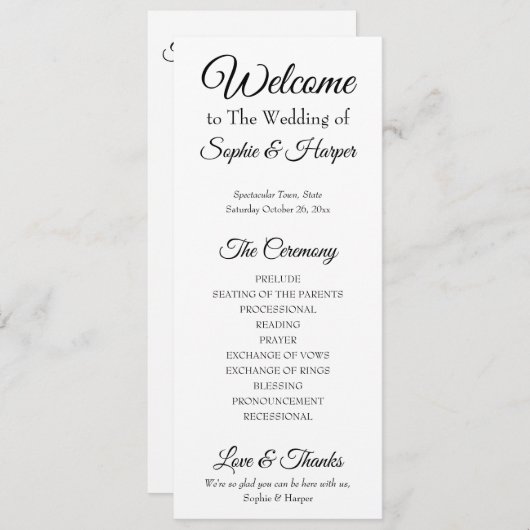 Eenvoudig, veelzijdig, elegant zwart-wit programmakaart (Voorkant / Achterkant)