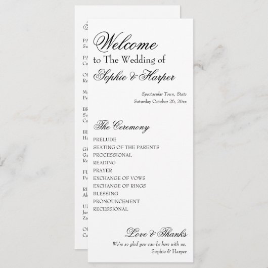 Eenvoudig, veelzijdig, elegant zwart-wit programmakaart (Voorkant / Achterkant)