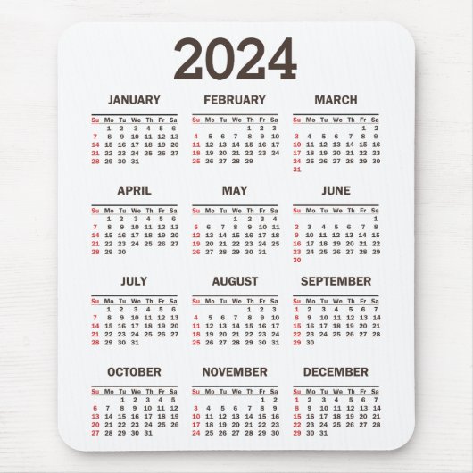 Eenvoudig Vet 2024 Jaar in een oogopslag Kalender Muismat (Voorkant)
