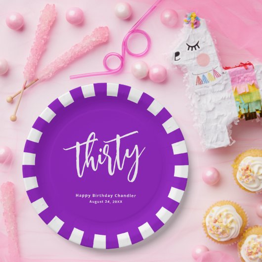 Eenvoudig vet Paarse en witte 30e verjaardagsfeest Papieren Bordje (Feest)