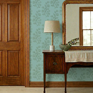 Eenvoudig Vintage Groen Bloempatroon op Blauw Behang