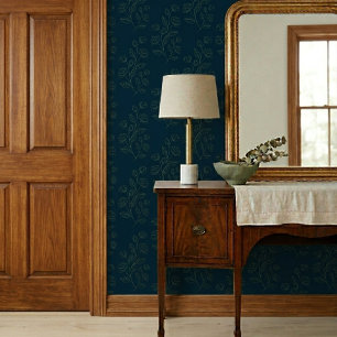 Eenvoudig Vintage Groen Bloempatroon op Donkerblau Behang