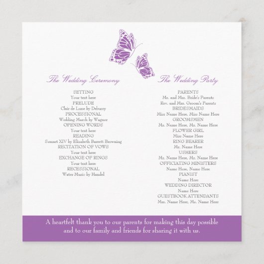 Eenvoudig Violet Butterflies Wedding Programme Programmakaart (Achterkant)