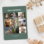 Eenvoudig Vrolijk Kerstmis Multi Fotorooster Schat Feestdagenkaart<br><div class="desc">Deze feestelijke vakantiepas beschikt over een multi fotorooster van 9 foto's op een prachtige groene achtergrond met een moderne minimalistische esthetiek. Alle tekst is aanpasbaar,  zodat u de vakantiegroet eenvoudig kunt wijzigen.</div>