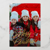 Eenvoudig vrolijk kerstscript twee foto's folie feestdagenkaart (Voorkant)