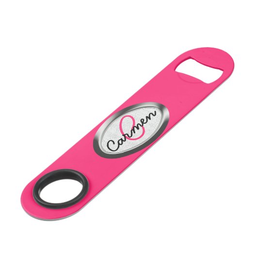 Eenvoudig warm roze en metallisch monogram speed flessenopener (Achterkant Gekanteld)