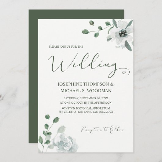 Eenvoudig Waterverf Botanical Green Wedding Script Kaart (Voorkant / Achterkant)