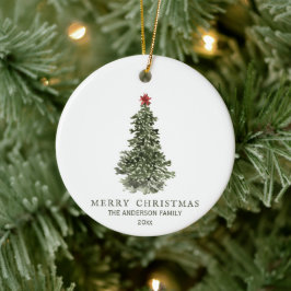 Eenvoudig Waterverf kerstboomfotojaar Keramisch Ornament