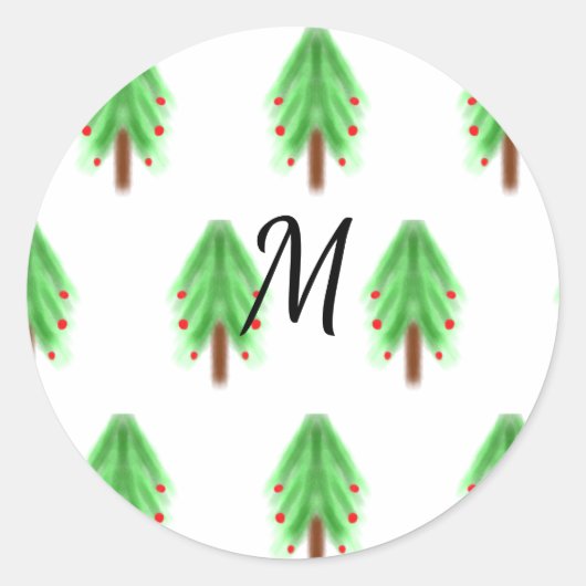 Eenvoudig waterverf kerstpatroon toevoegen monogra ronde sticker (Voorkant)
