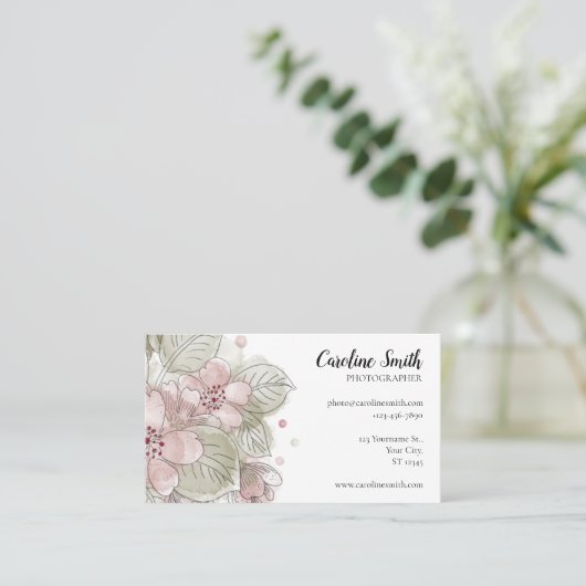 Eenvoudig, Waterverf Roos en groene bloemen tekene Visitekaartje (Staand voorkant)