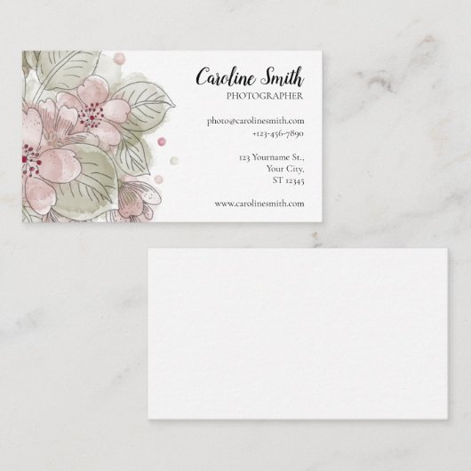Eenvoudig, Waterverf Roos en groene bloemen tekene Visitekaartje (Voorkant / Achterkant)