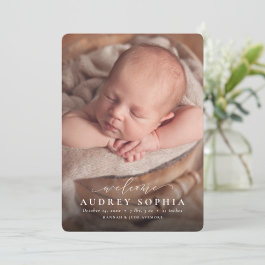 Eenvoudig welkomstscript roze foto aankondiging (Staand voorkant)