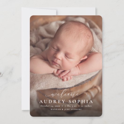 Eenvoudig welkomstscript roze foto aankondiging (Voorkant)