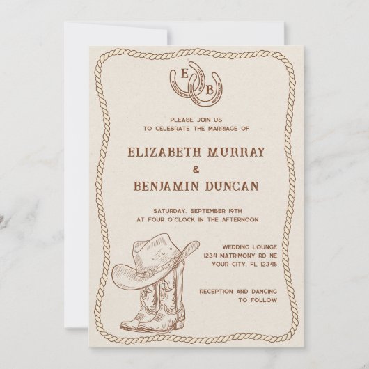 Eenvoudig Westers Hoefijzer Monogram Schuur Bruilo Kaart (Voorkant)