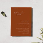 Eenvoudig 'Whimsical Desert Rust Traditional Weddi Kaart<br><div class="desc">Deze simpele walvisachtige, traditionele trouwuitnodiging is perfect voor je eenvoudige, rustige, westerne beige en terracotta aardentonen bruiloft. Het neutrale aardeboho kleurenpalet is zuidwest met een modern retro-gevoel. Het manuscript is een delicate minimalistische handgeschreven kalligrafie die vrij elegant en romantisch is. Het product is bewerkbaar en beschikt over voldoende lege ruimte,...</div>