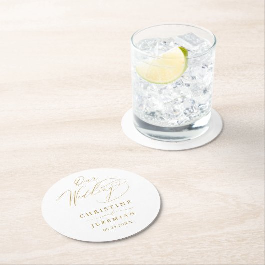 Eenvoudig White Gold Elegant Script Weddenschap Ronde Kartonnen Onderzetter (Insitu)