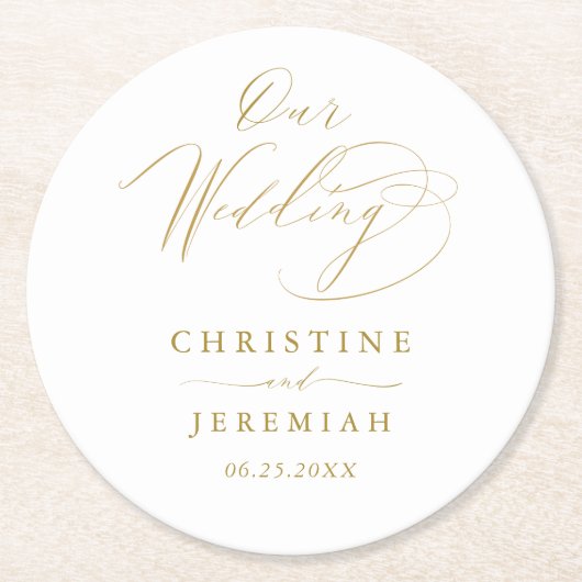 Eenvoudig White Gold Elegant Script Weddenschap Ronde Kartonnen Onderzetter (Voorkant)