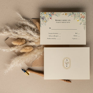 Eenvoudig Wilde Bloem Varens Beige Trouw Monogram RSVP Kaartje