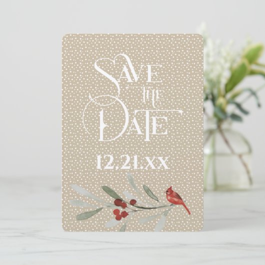 Eenvoudig winterhuwelijk - sla de datum op - kardi save the date (Staand voorkant)