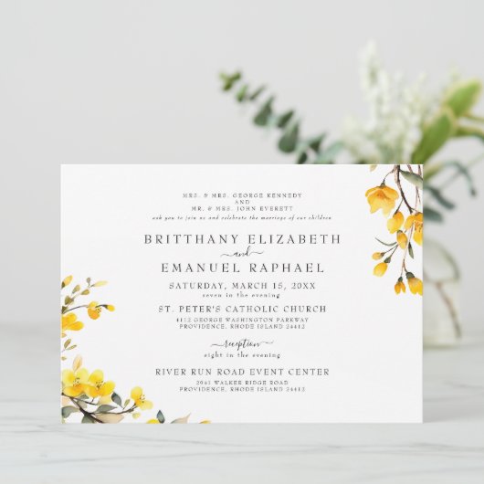 Eenvoudig Wit Beide Ouders Geel Bloemen Bruiloft Kaart (Staand voorkant)