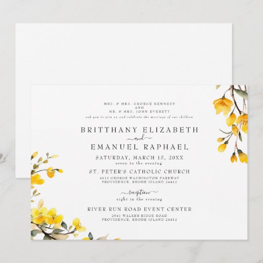 Eenvoudig Wit Beide Ouders Geel Bloemen Bruiloft Kaart (Voorkant / Achterkant)