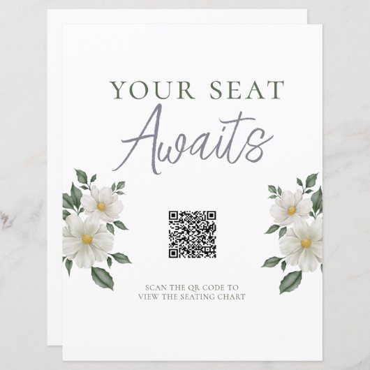 Eenvoudig wit bloemenqr-code zitplaatsnaambord (Voorkant / Achterkant)