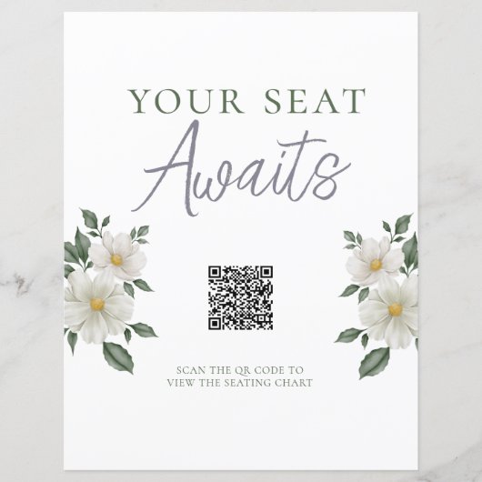 Eenvoudig wit bloemenqr-code zitplaatsnaambord (Voorkant)