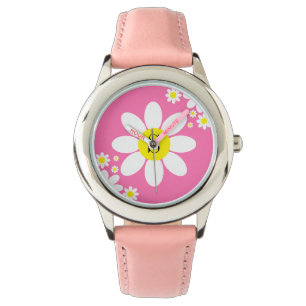 Eenvoudig wit en Hot Pink Daisy design Initiaal Horloge