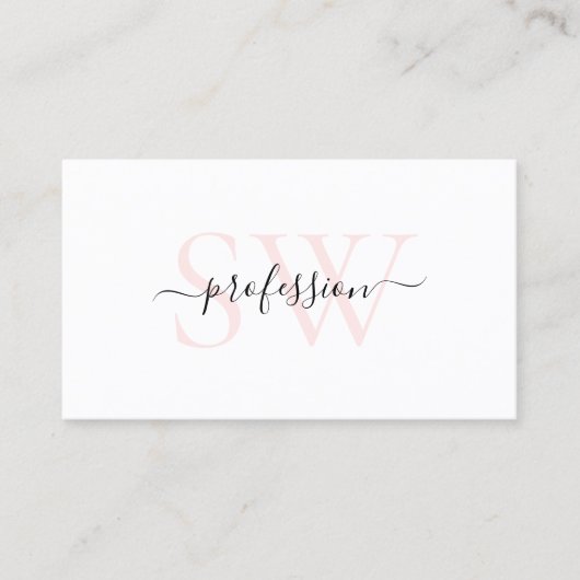Eenvoudig wit en licht pastel roze met monogram visitekaartje (Voorkant)