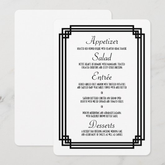 Eenvoudig Wit en Zwart Art Deco Bruiloft Menu (Voorkant / Achterkant)