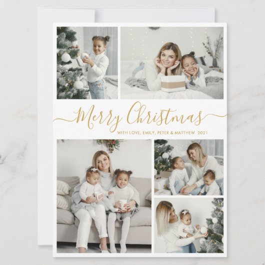 Eenvoudig wit goud 5-fotocollage kerstmis feestdagenkaart (Voorkant)