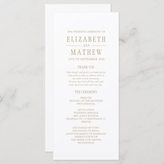 Eenvoudig wit goud elegante bruiloft programmakaart (Voorkant / Achterkant)