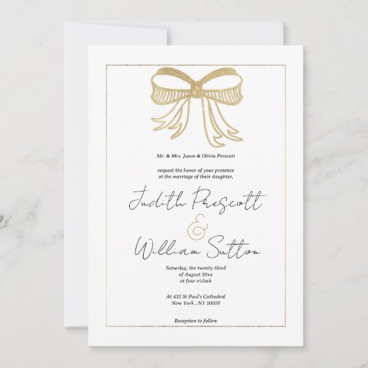 Eenvoudig wit goud glitter strik lint Trouwen Kaart (Voorkant)