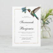 Eenvoudig wit goud kleurrijke kolibrie bruiloft kaart (Staand voorkant)