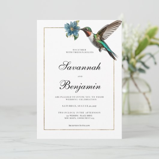 Eenvoudig wit goud kleurrijke kolibrie bruiloft kaart (Staand voorkant)