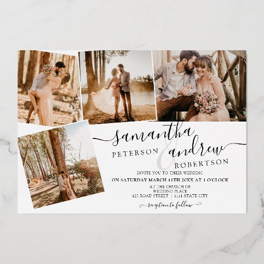 Eenvoudig wit minimalistisch script 5 foto's bruil folie uitnodiging (Achterkant)