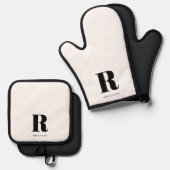 Eenvoudig wit modern monogram ovenwant & pannenlap set (Voorkant / Achterkant)