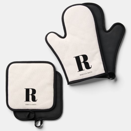 Eenvoudig wit modern monogram ovenwant & pannenlap set (Voorkant / Achterkant)