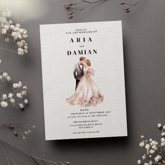 Eenvoudig wit roze bloemenpaar foto Bruiloft Kaart