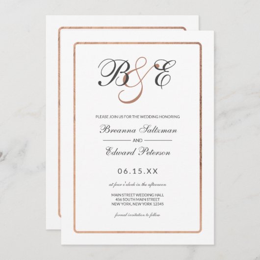 Eenvoudig wit rozenbruin goudmonogram bruiloft kaart (Voorkant / Achterkant)