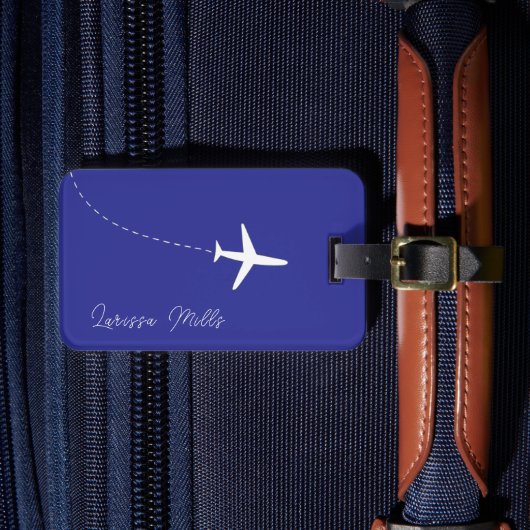 Eenvoudig wit vliegtuig met gestippelde route blau bagagelabel (Voorkant Insitu 4)