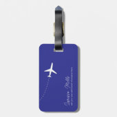 Eenvoudig wit vliegtuig met gestippelde route blau bagagelabel (Achterkant verticaal)