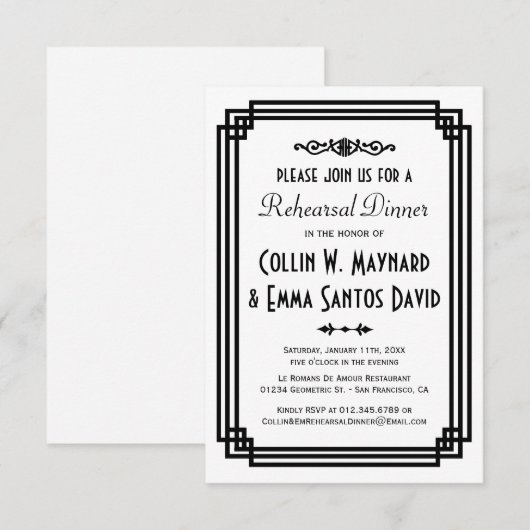 Eenvoudig wit & zwart Art Deco repetitie diner Kaart (Voorkant / Achterkant)