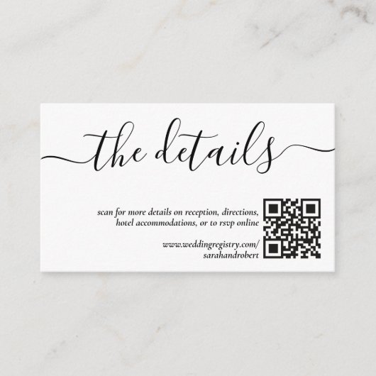 Eenvoudig wit & zwart script bruiloft details informatiekaartje (Voorkant)
