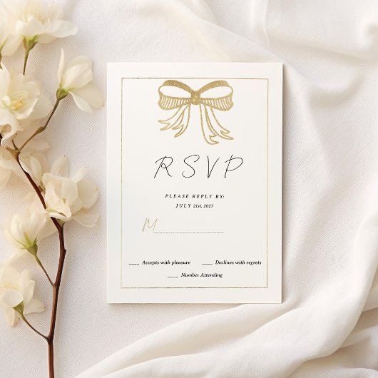 Eenvoudig witte gouden glinsterende boog lint RSVP Kaart