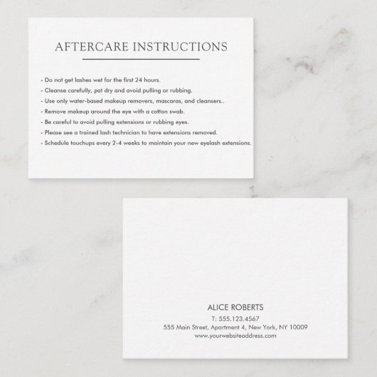 Eenvoudig witte wasextensie Microblading Aftercare Visitekaartje (Voorkant / Achterkant)